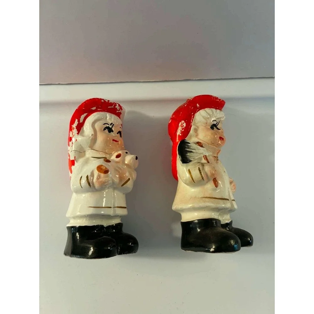 Vintage Japan Salt & Pepper Shakers Set Red Firefighter Boy & Girl Figurines